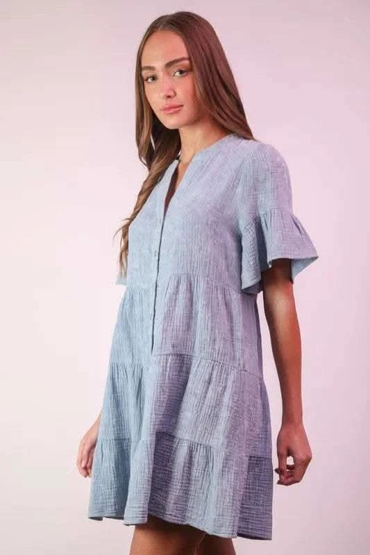 VERY J Mineral Washed Baby Bell Sleeve Woven Mini Dress - SwagglyLife Home & Fashion
